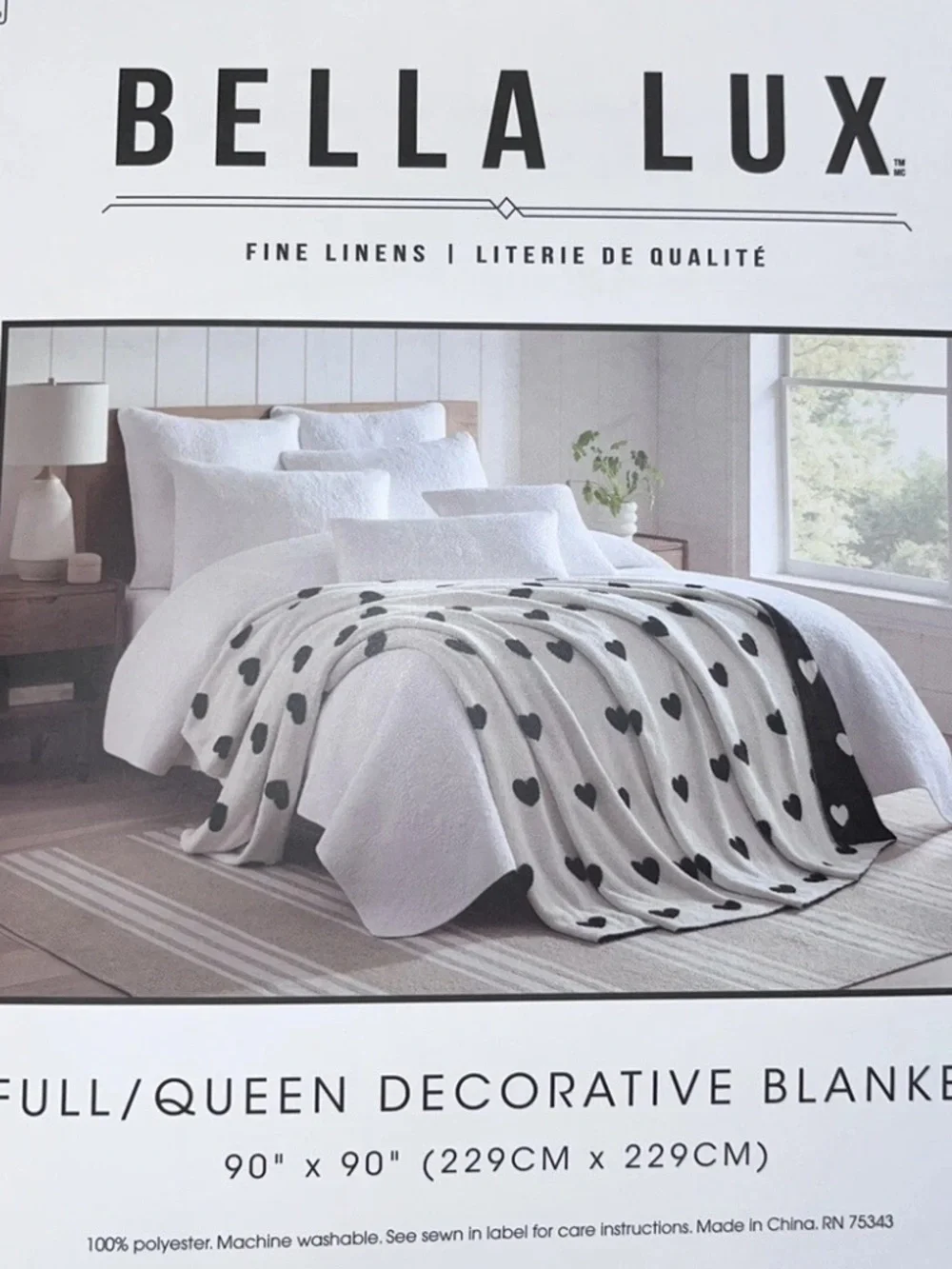 Bella Lux Full/Queen White and Black Hearts Decorative Blanket Reversible